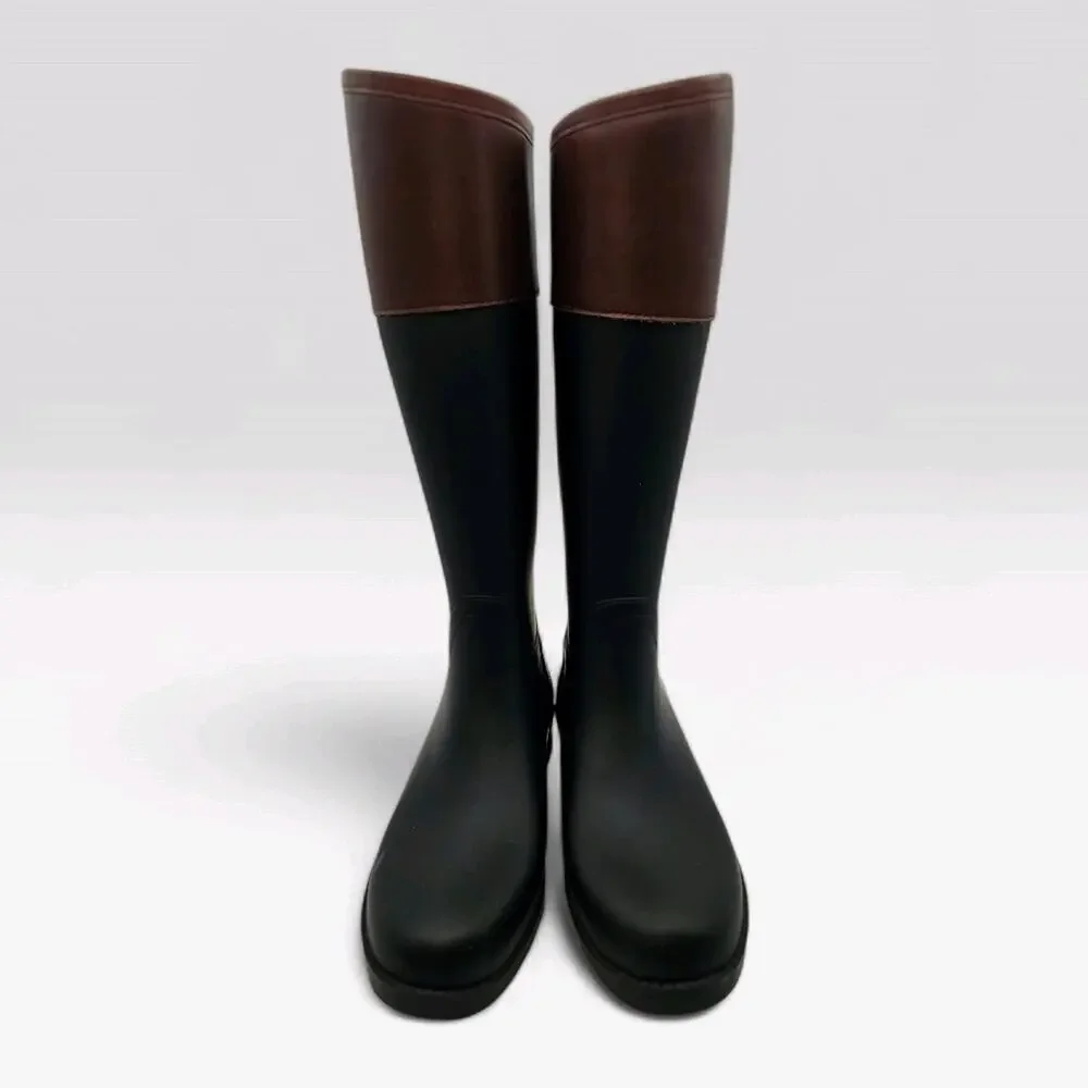 Tory Burch Diana Rain Boot Black Rubber Brown Leather Riding Boots Logo Sz 6